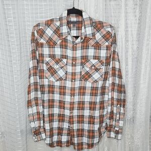 Men's Orange And Black Plaid 100% Cotton Snappy Western Long Sleeve Shirt SzM